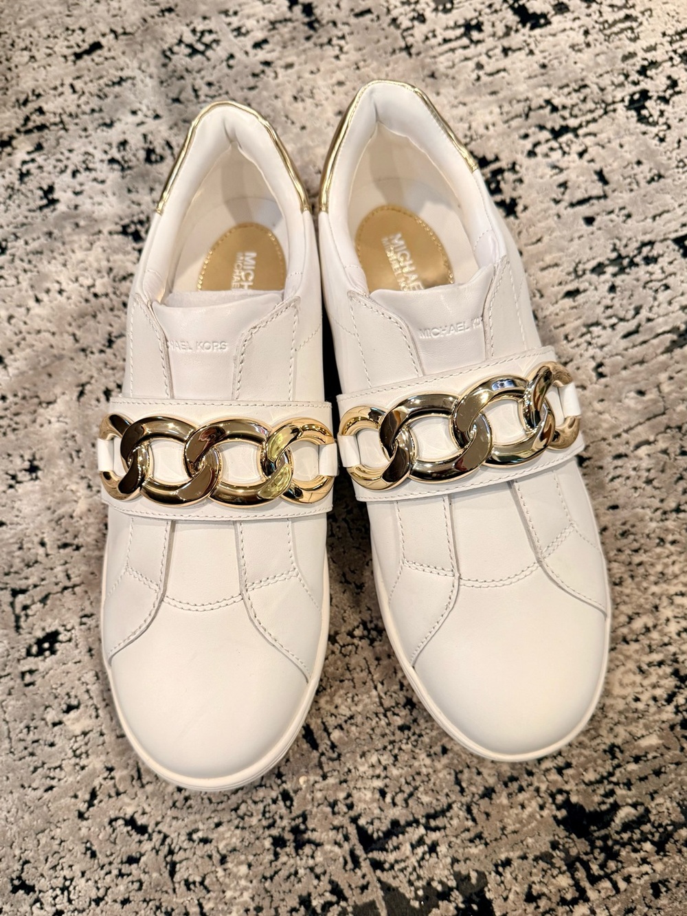 Michael Kors White Leather Velcro Slip-On Sneakers with Oversized Gold Chain-8